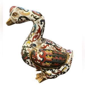 Vintage Cloisonné Duck Censer Incense Burner Trinket Box Enamel White Green Red